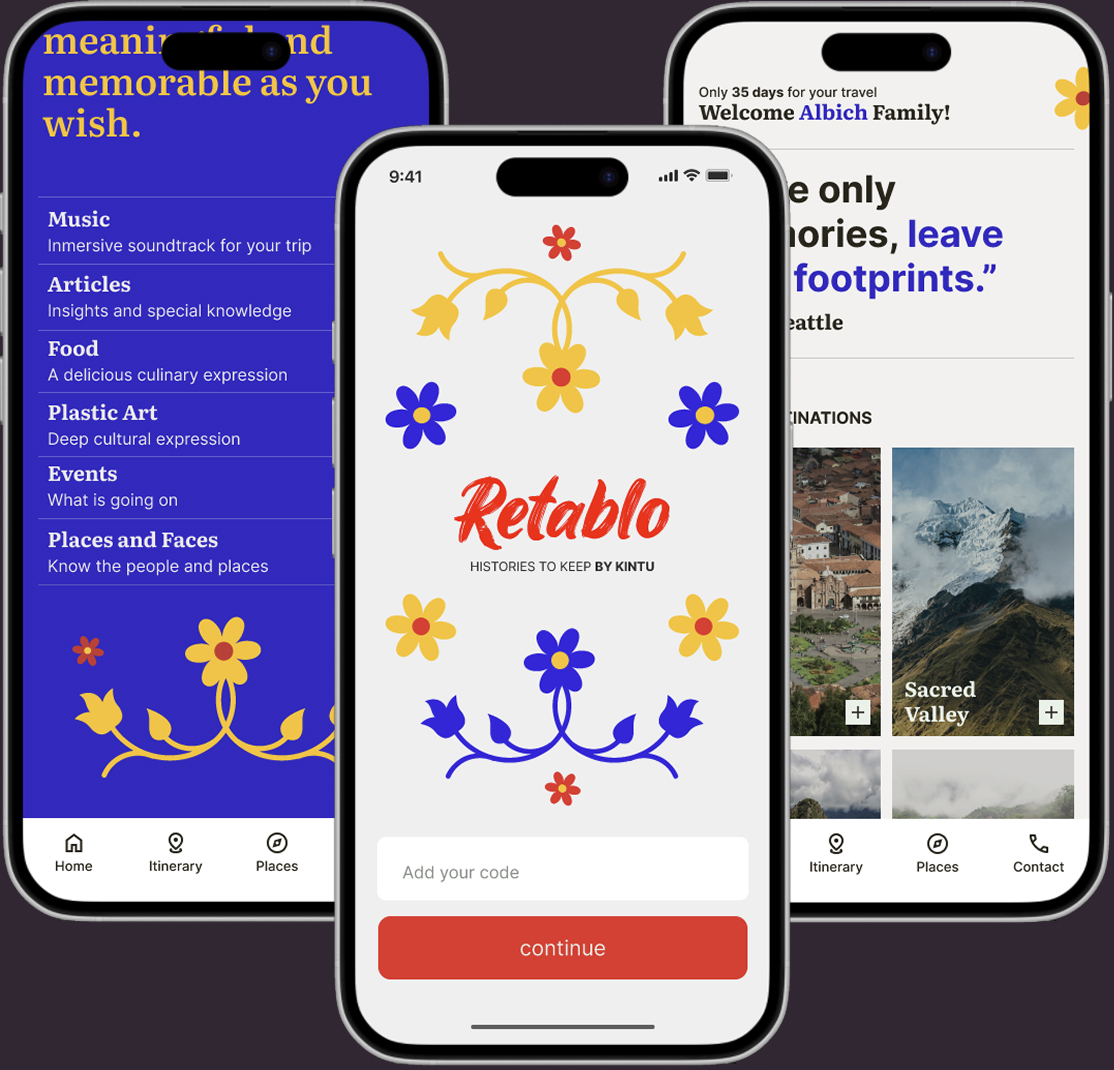 Retablo app — home screen