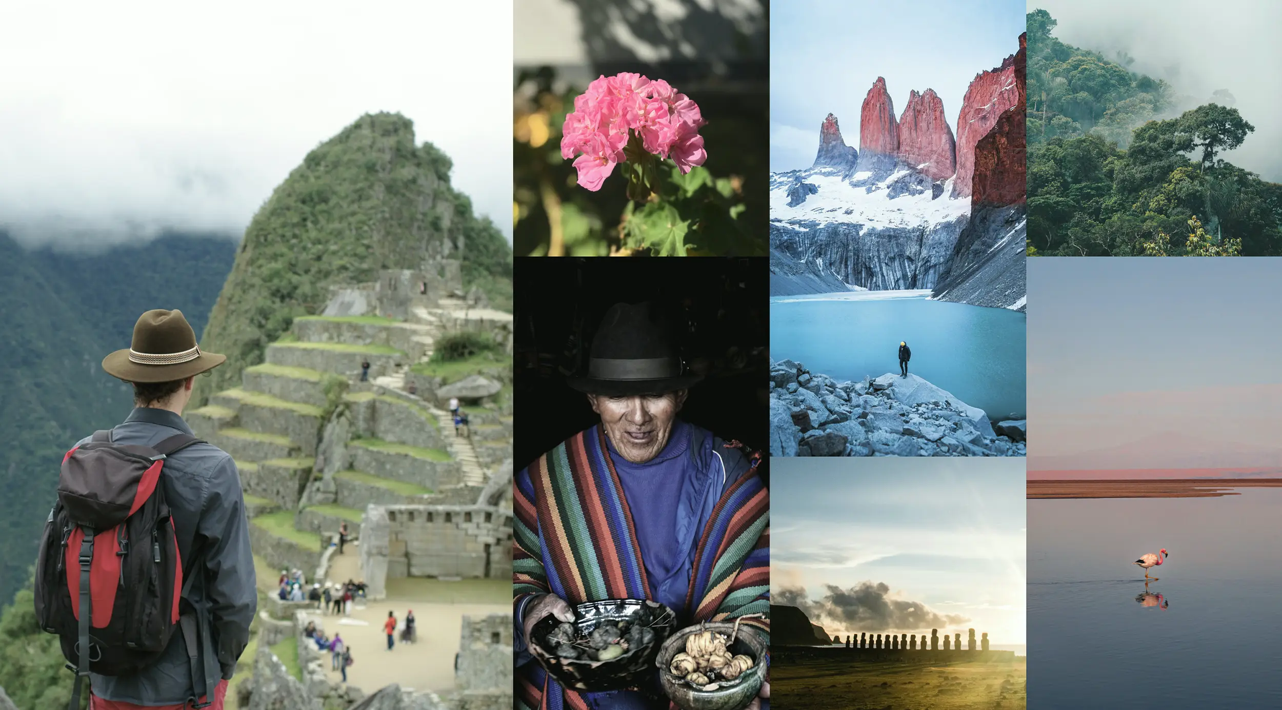 Collage: Machu Picchu, Andean weaver, Torres del Paine and Amazon rainforest