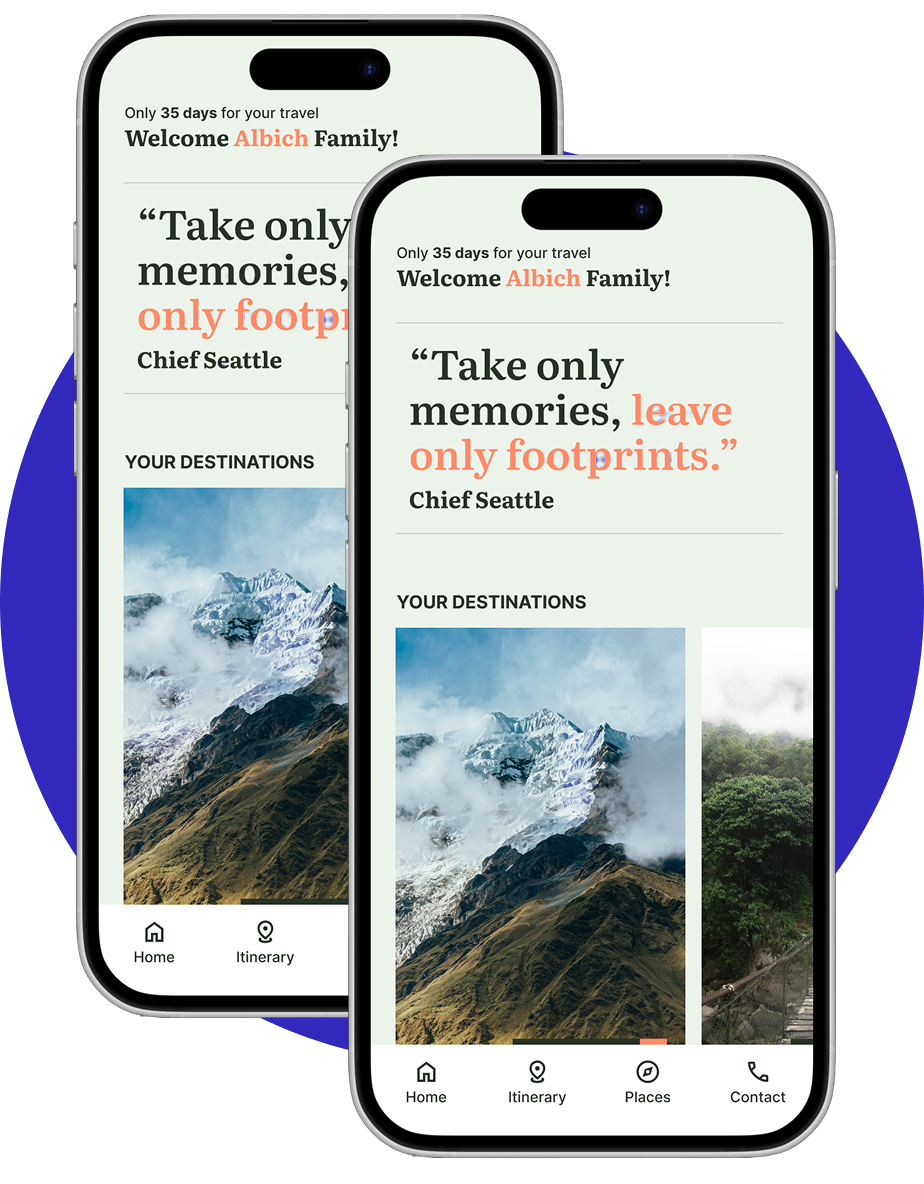 The Retablo app’s destination list, with a portrait and highlights for each place on the trip