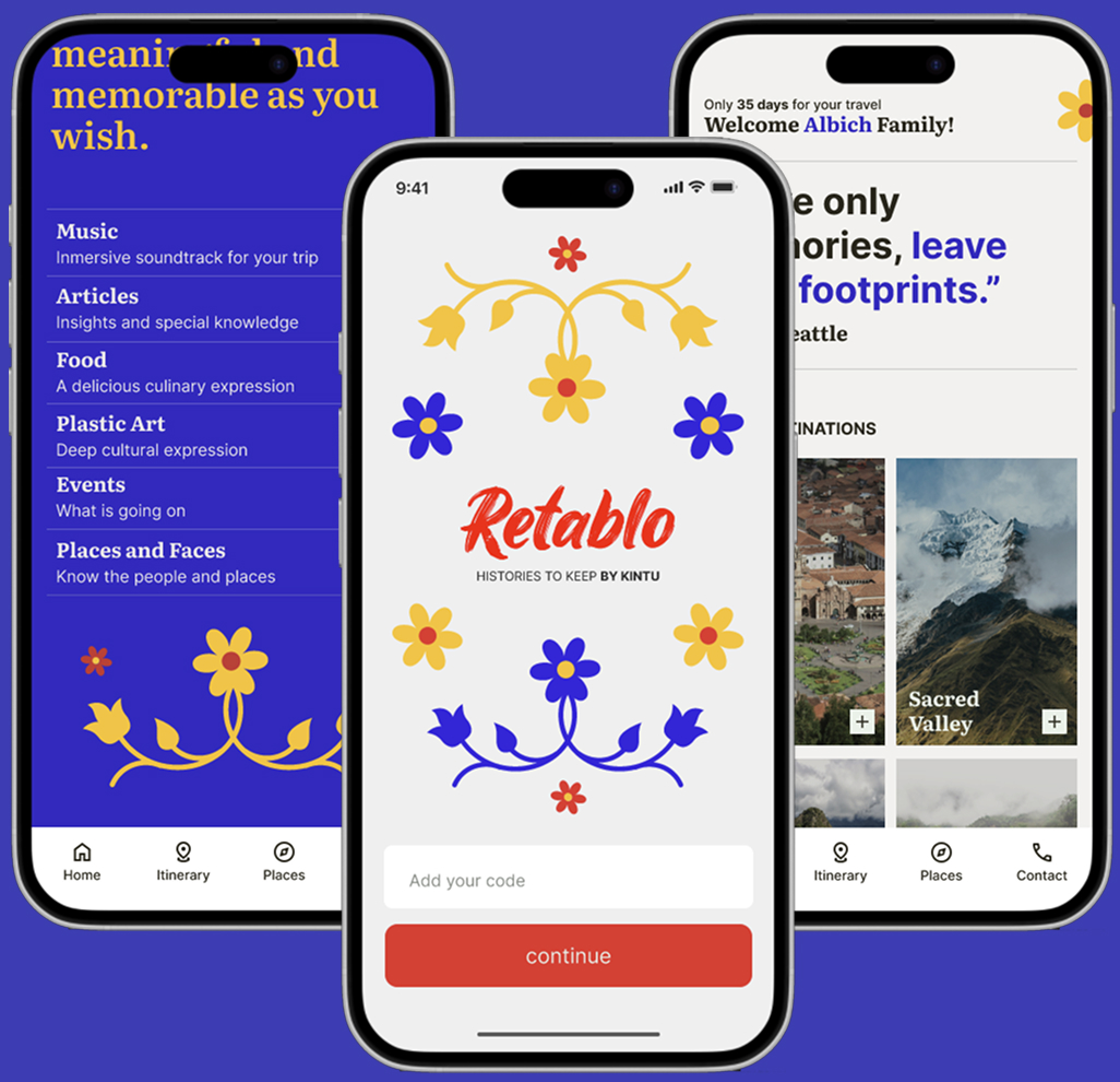 Three screens of the Retablo app: the welcome screen, the cultural content menu, and the trip home with destinations