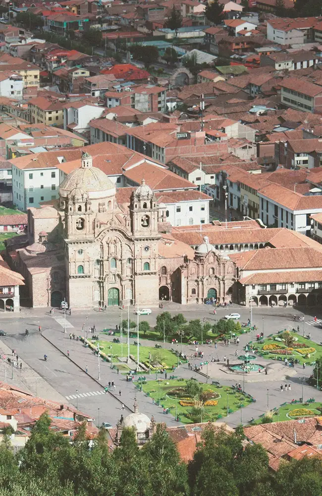 Plaza de Armas and the cathedral of Cusco under a dramatic sky